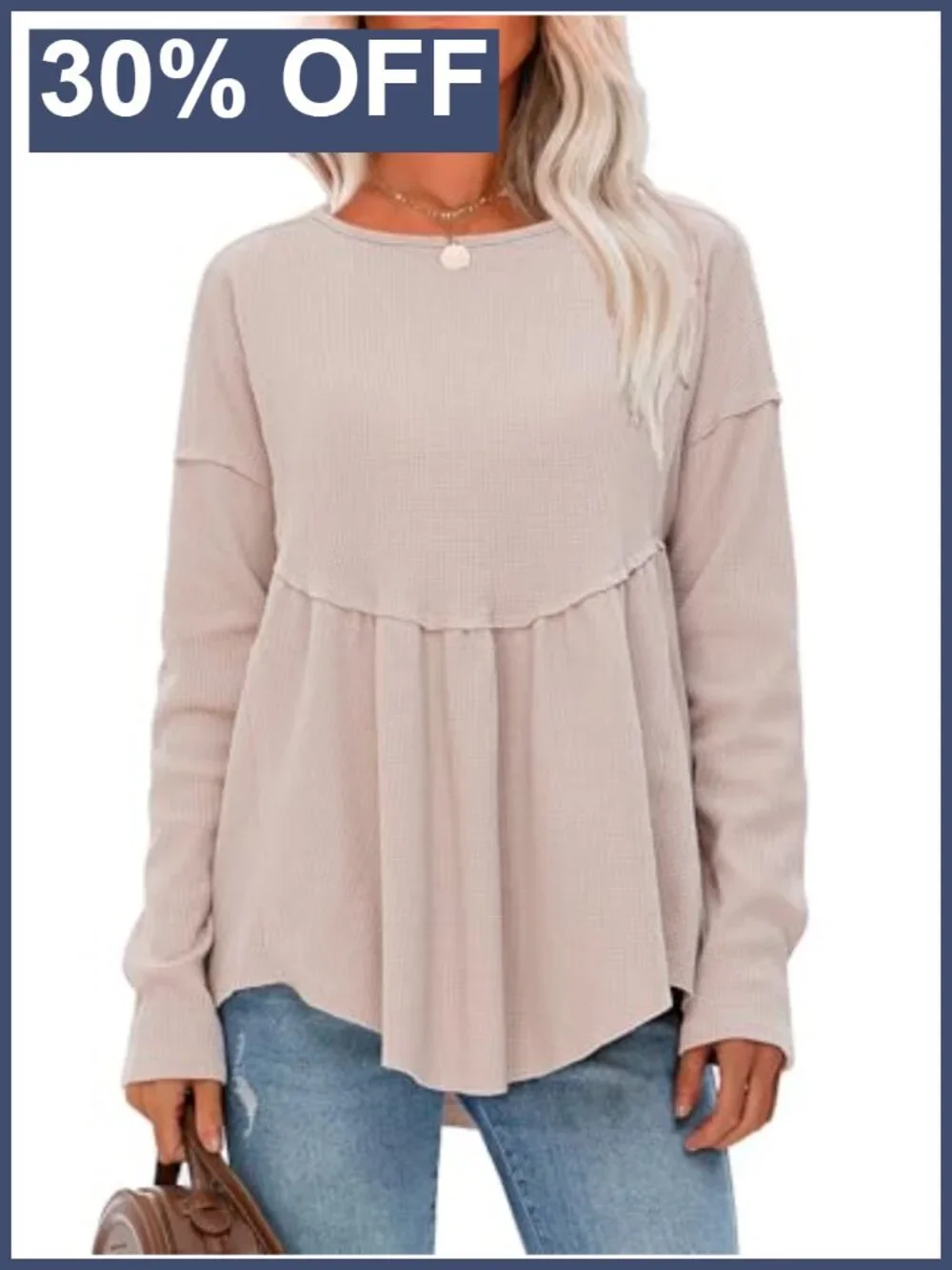 Waffle Knit Long Sleeve Tunic Top Crewneck Loose Babydoll Maternity